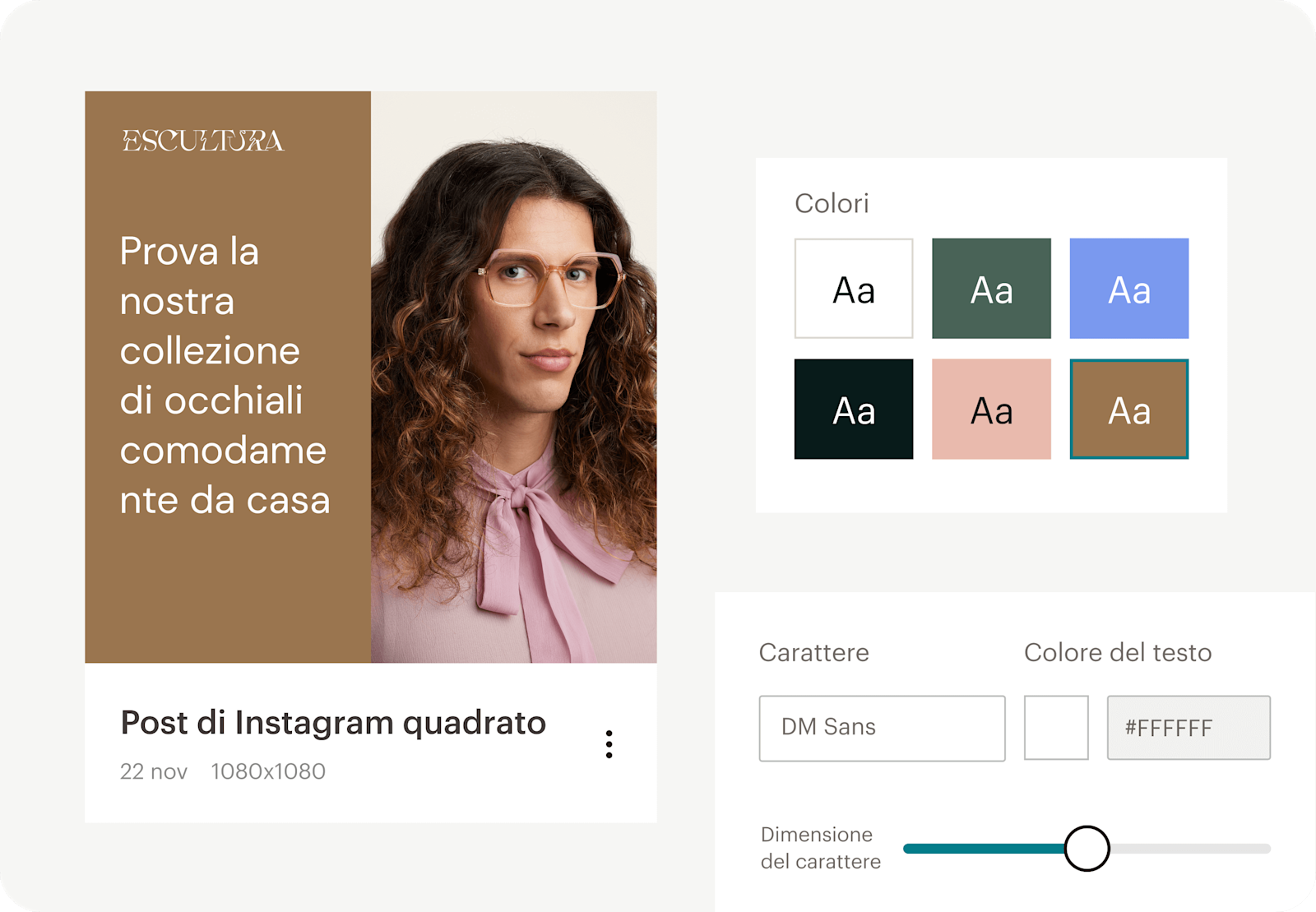 Immagine di una rappresentazione astratta della funzionalità Creative Assistant di Mailchimp, che mostra elementi mobili del Kit del brand, inclusi una tavolozza di colori e le caratteristiche del carattere. L'immagine dimostra come si possa creare in modo efficiente contenuti coesi e brandizzati su larga scala utilizzando gli strumenti di design integrati forniti da Mailchimp.