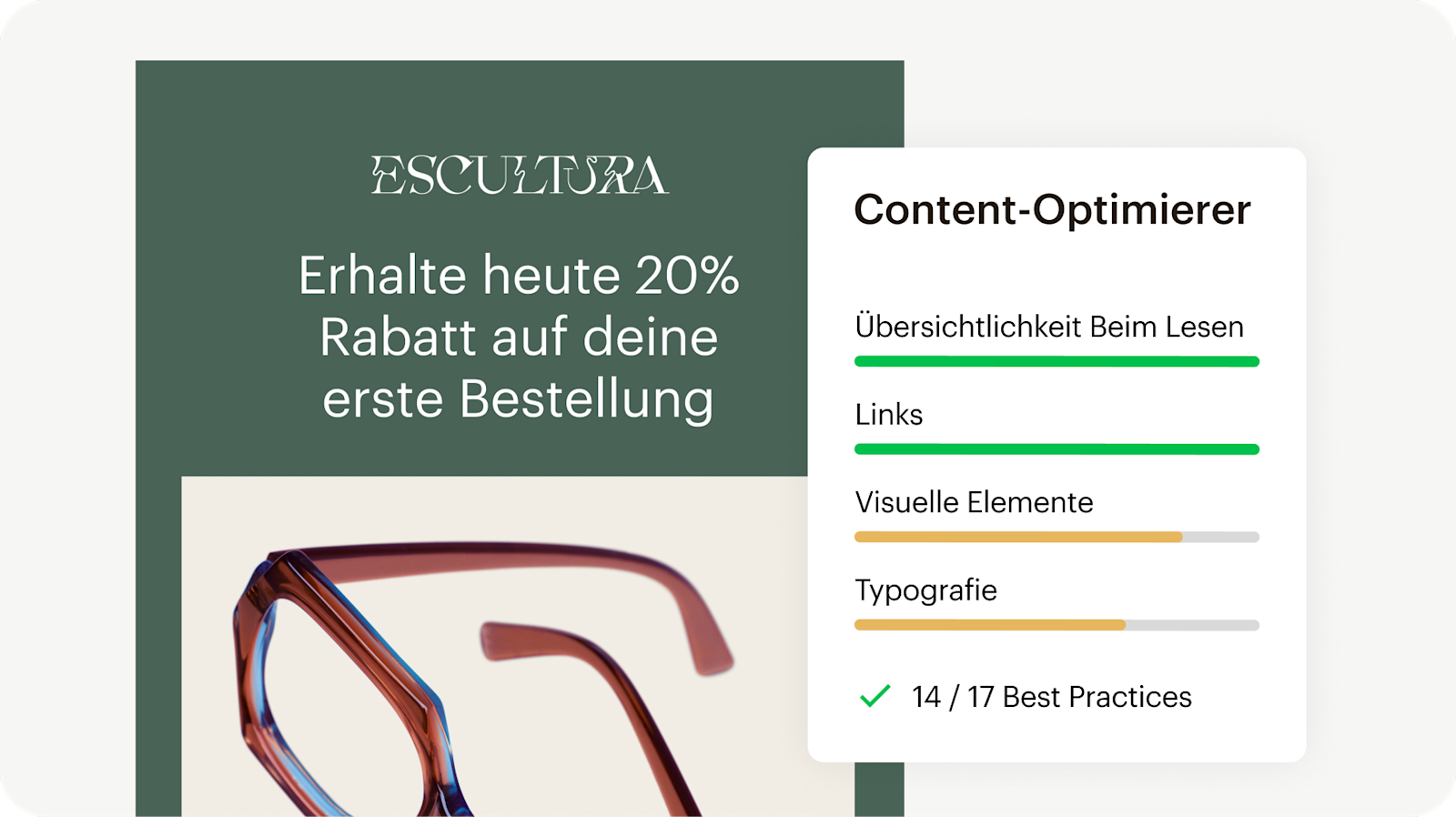 Die Benutzeroberfläche des Content-Optimierers enthält Empfehlungen zu Übersichtlichkeit, Links, visuellen Elementen und Typografie  