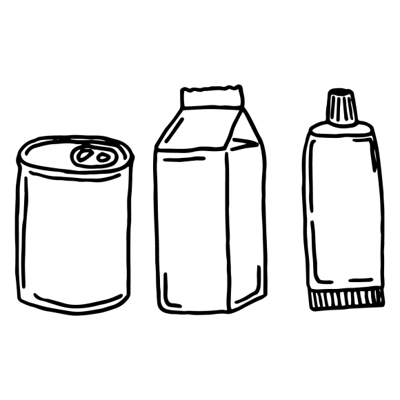 Simple black and white illustration of three containers: a can, milk carton, and bottle 
