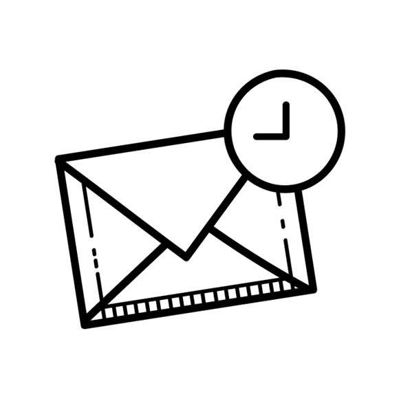 a simple black and white drawing of an envelope with a clock