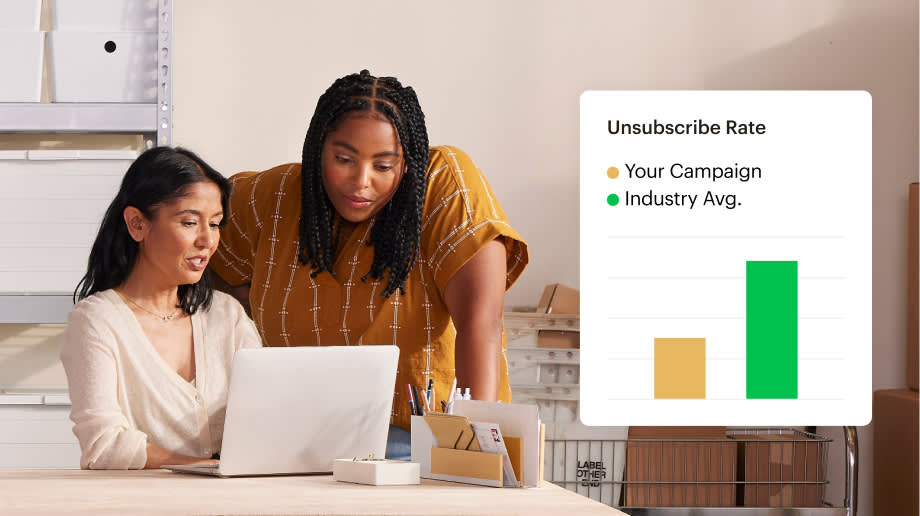 Two coworkers examining a report that compares the unsubscribe rate on their latest campaign against the industry average. 