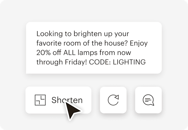 Image showing floating Abstract User Interface of a text message from the fictitious brand Assembly. The visual demonstrates how users can use Mailchimp’s Intuit Assist to draft SMS copy.