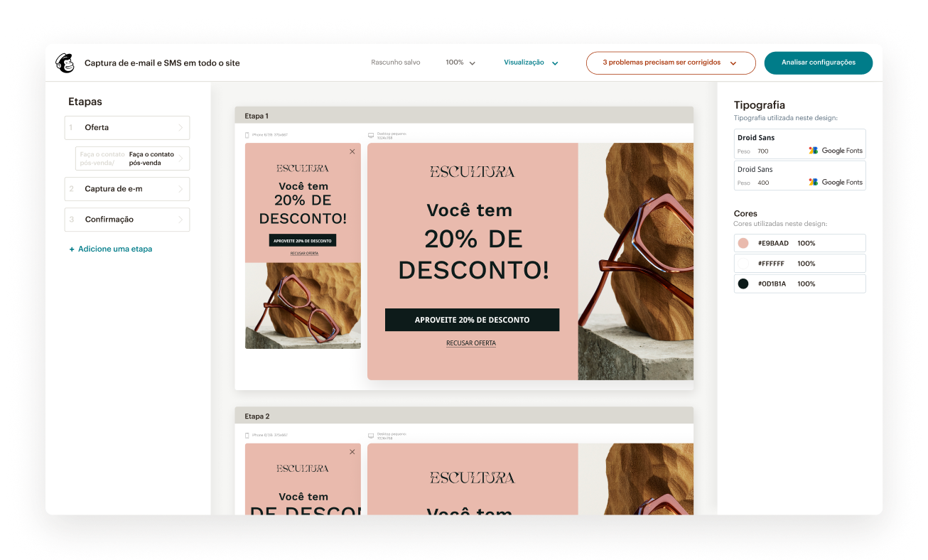 Uma captura de tela do aplicativo Mailchimp mostrando o criador de formulários, incluindo opções robustas para diferentes escolhas de fontes, a jornada do cliente e as ferramentas de design fáceis de usar.