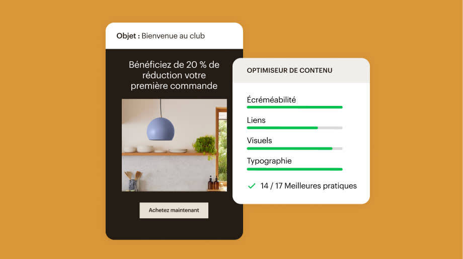 Exemple d'interface utilisateur de Mailchimp affichant l'optimiseur de contenu qui évalue un exemple d'e-mail en fonction de sa capacité à être survolé, de la qualité des liens, de la qualité des visuels et de la qualité de la typographie, et en fonction du respect des bonnes pratiques du secteur.