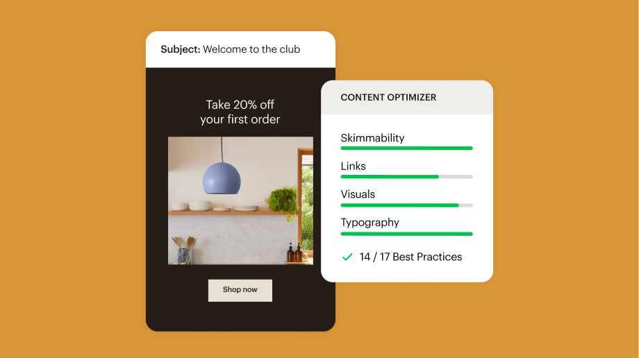Example of Mailchimp user interface featuring the Content Optimizer grading a sample email for skimmability, quality of links, quality of visuals, and quality of typography along with adherence to industry best practices.