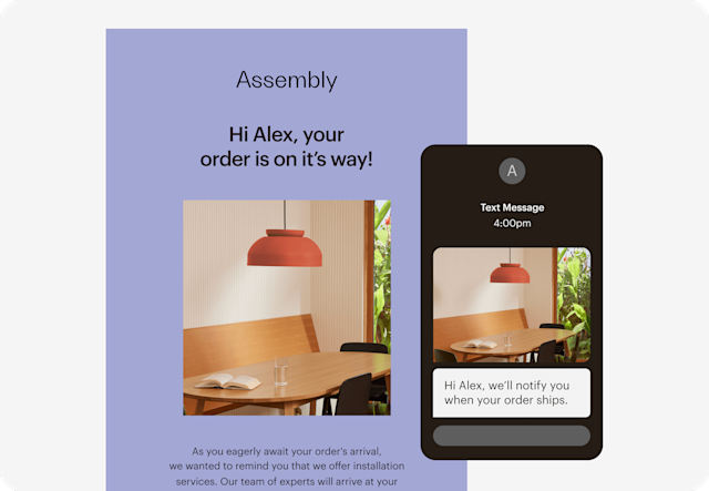 Image of an abstract email and SMS interface from the fictitious brand Assembly. The visual demonstrates how users can craft omni-channel campaigns and boost conversions with email and SMS in one platform.