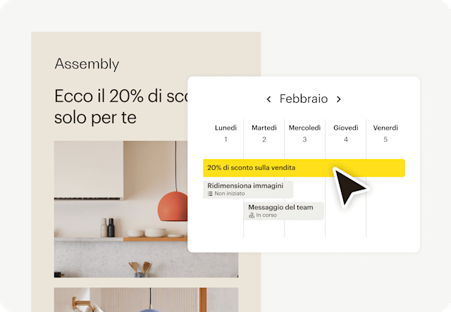 Immagine di un'interfaccia e-mail astratta con sconti del brand fittizio Assembly, insieme a un'interfaccia utente astratta mobile di Gestione della campagna di Mailchimp. L'immagine mostra come le aziende possono utilizzare la funzionalità per coinvolgere i clienti e creare campagne senza interruzioni tramite e-mail, social e altro ancora.