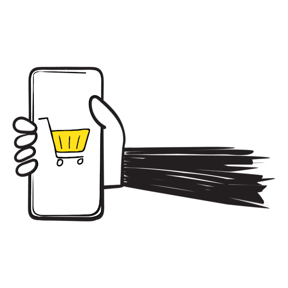 Hand holding smartphone displaying yellow shopping cart icon 