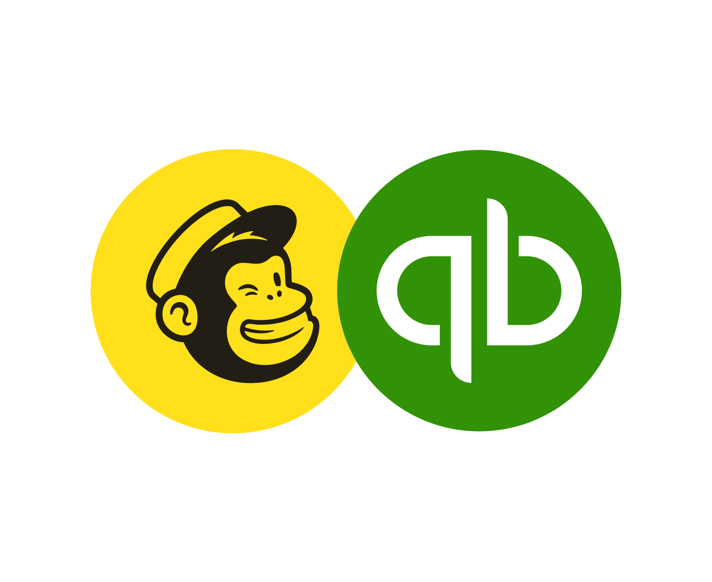 Mailchimp logo and QuickBooks logo lockup, each logo enclosed in separate circles and placed side-by-side
